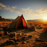 Desierto soledad acampar solo en medio de arenoso desierto, lejos desde bullicioso mundo para social medios de comunicación enviar Talla ai generado foto