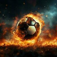 futbolistas fuego, un poderoso patada propulsa el pelota en un estadio para social medios de comunicación enviar Talla ai generado foto