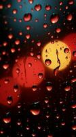 Noche ambiente gotas de lluvia en contra el ventana, bañado en rojo luces vertical móvil fondo de pantalla ai generado foto