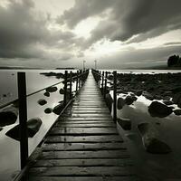 Pier solitude, Black and white portrayal of a serene fishing jetty scene For Social Media Post Size AI Generated photo