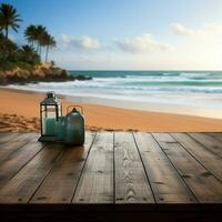 Coastal product backdrop Blurred beach complements wood decks versatile display potential For Social Media Post Size AI Generated photo