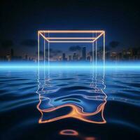 Glowing 3D blue neon square reflected in tranquil water For Social Media Post Size AI Generated photo