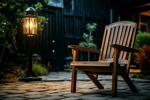 Secluded wooden chair for relaxation, set against a cooling blur AI Generated photo