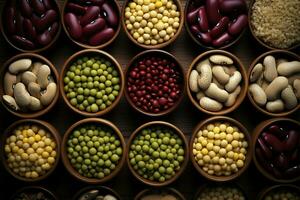 Diverse beans artfully arranged in small piles, captured from above AI Generated photo