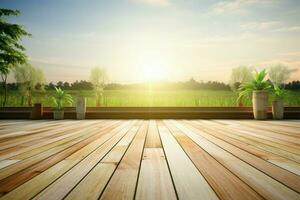 Wooden flooring harmonizes with a backdrop of serene natural surroundings AI Generated photo