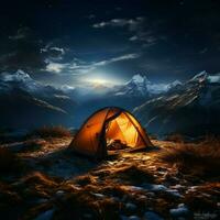 Alpine night camping Tent beneath stars, surrounded by towering peaks and tranquility For Social Media Post Size AI Generated photo