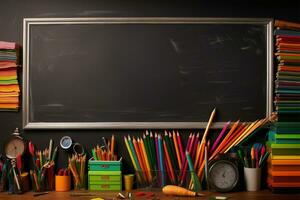 A chalkboard adorned with various stationery essentials for educational purposes AI Generated photo