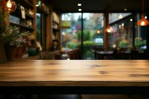 Product display space empty wooden table in a cozy coffee shop AI Generated photo