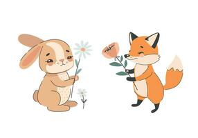 cartoon characters fox and hare with flowers. Vector illustration on a white background.