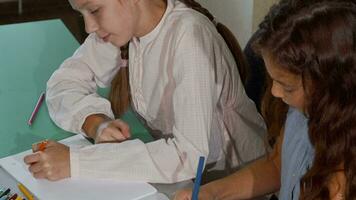 dos pequeño colegialas colorante juntos durante Arte clase video