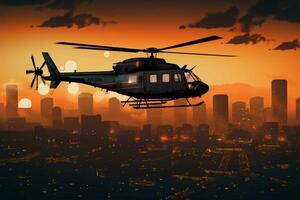 A utility helicopter silhouette against an orange city tower backdrop AI Generated photo