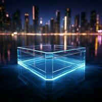 Shining blue neon square 3D render on reflective water surface For Social Media Post Size AI Generated photo