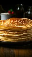 Plate of thin pancakes, close up on a wooden background Vertical Mobile Wallpaper AI Generated photo