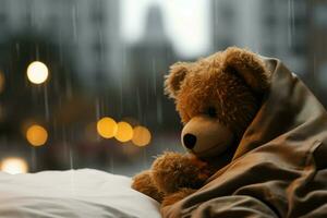 Lonely day Teddy slumbers, raindrops on window, blankets embrace AI Generated photo