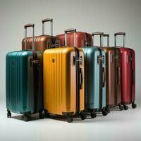 Array of luggage Suitcases neatly arranged on a clean white backdrop For Social Media Post Size AI Generated photo