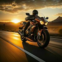 Highway sunrise cruise Speeding motorcyclist presents open copy space, symbolizing dawn expedition For Social Media Post Size AI Generated photo