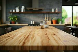 Tabletop of wood set atop a gently blurred kitchen counter AI Generated photo