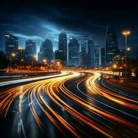 noche autopista movimiento tráfico remolinos en nocturno urbano viaje espectáculo para social medios de comunicación enviar Talla ai generado foto