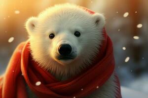 un encantador polar oso cachorro, vestido arriba en un rojo bufanda ai generado foto