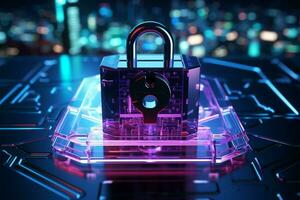 The virtual journey, illuminated by neon lights, showcases a holographic padlock AI Generated photo