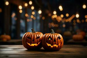 Halloween inspired wooden table with a playful jack o lantern centerpiece AI Generated photo