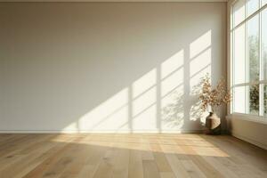 Sunlit room with white walls and parquet floor a versatile canvas AI Generated photo