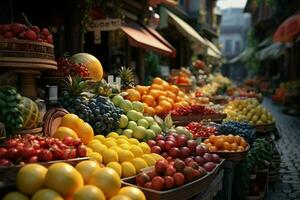 bullicioso calles forrado con Fruta establos, un tentador compras aventuras ai generado foto