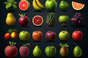 Fruta íconos exhibiendo varios tipos para intuitivo reconocimiento ai generado foto