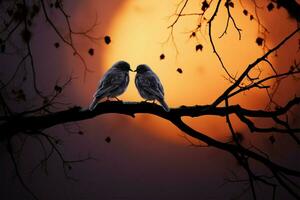 A tree branch cradles affectionate birds in beautiful silhouette AI Generated photo