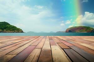 An empty wooden tabletop against a sea view with a rainbow AI Generated photo