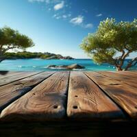 Horizon connection Wooden table against blurred sea island and tranquil blue sky For Social Media Post Size AI Generated photo