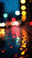 Abstract night scene window with colorful raindrops, blurred city lights Vertical Mobile Wallpaper AI Generated photo