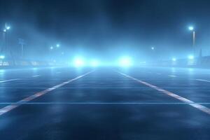 Night scene with neon lights, street and road. 3d rendering photo