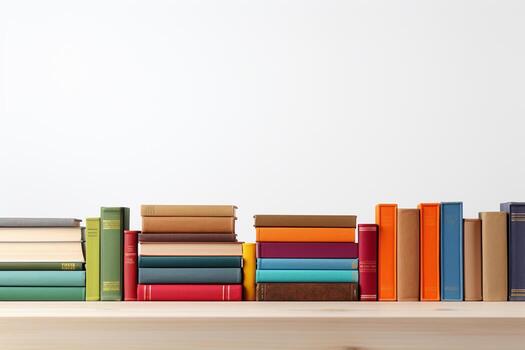 A stack of books on a white table. 3d rendering mock up Ai Generated photo