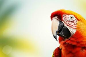 Beautiful colorful parrot isolated on blue background with copy space. Ai Generated photo