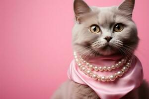 un elegante gato con un collar en contra un de moda rosado fondo ai generado foto