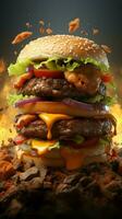 un hamburguesa ese se eleva a nuevo alturas con sus único componentes vertical móvil fondo de pantalla ai generado foto