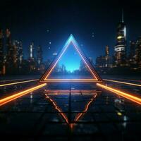 Creative 3D rendering Glowing neon rhombus on a reflective blue banner For Social Media Post Size AI Generated photo