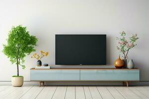 pulcro blanco pared complementa televisión en gabinete en contemporáneo vivo habitación ai generado foto