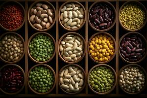 Assorted beans neatly placed in small wooden vessels, seen from above AI Generated photo