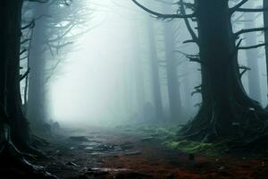 inviernos enigmático bosque, 3d Arte desvela brumoso, imponente misterios ai generado foto