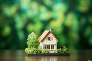 A small house model, framed by a dreamy green bokeh AI Generated photo