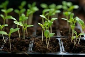 minúsculo plantas esperar crecimiento en un ordenado y eficiente plantando bandeja ai generado foto