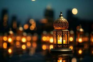 Cityscape with bokeh lights and golden Ramadan lanterns during dusk AI Generated photo