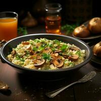 Risotto bowl, savory mushrooms, elegantly set table For Social Media Post Size AI Generated photo