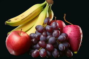 Three bananas, two grapes, and one exotic dragon fruit AI Generated photo