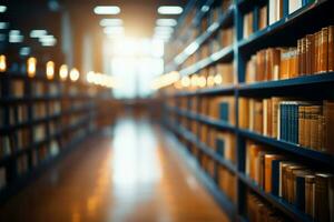 Blurred library interior with bookshelves, ideal for educational concepts AI Generated photo