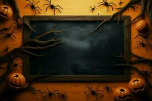 Orange Halloween background adorned with clouds, bats, and pumpkin motifs AI Generated photo