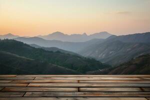 Natures beauty Wooden table with a sunset sky and mountain blur AI Generated photo