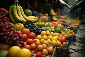 explorador el calles para Fresco frutas, un animado mercado experiencia ai generado foto